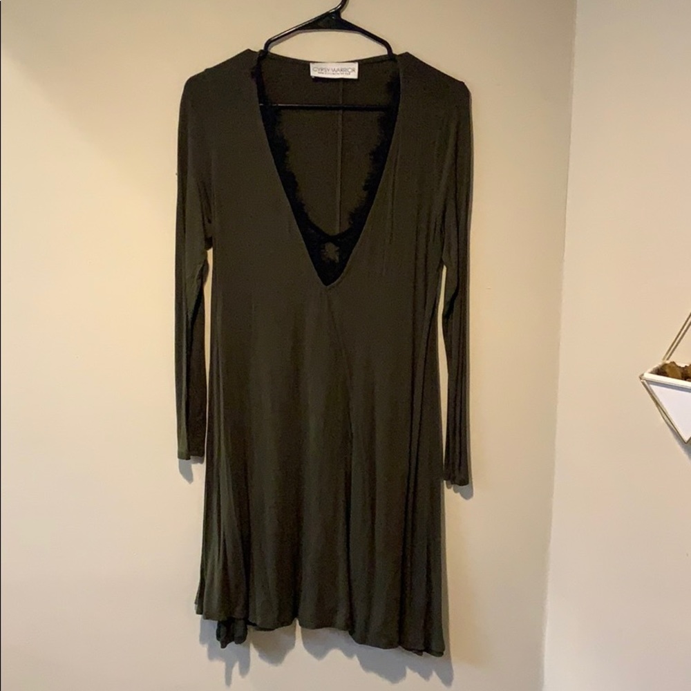 Olive Green Lace Plunge Mini Dress